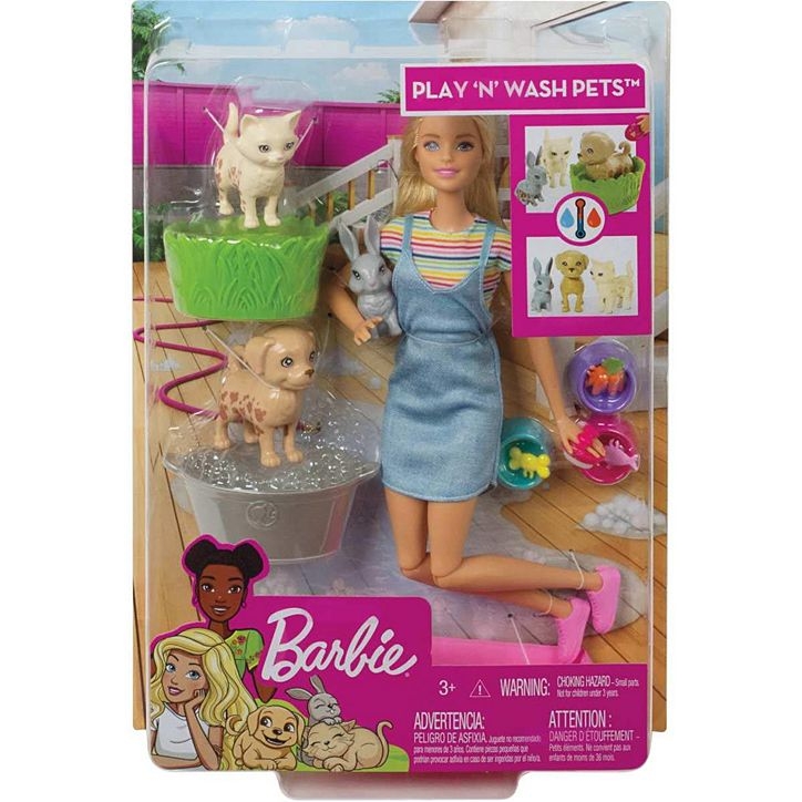 ของเล่น ตุ๊กตา บาร์บี้ ของแท้ Barbie Plan 'N' Wash Pets Doll & Playset, Multicolor