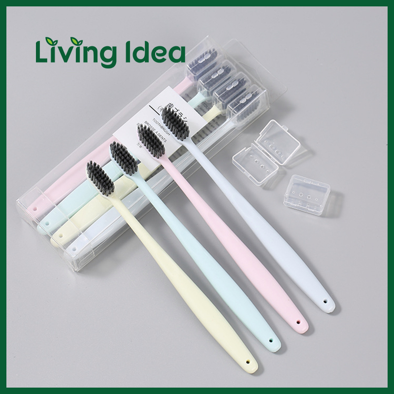 Living idea 4ชิ้น/ชุด แปรงสีฟัน แปรงสีฟันถ่านไม้ไผ่ แปรงฟันขนนุ่ม