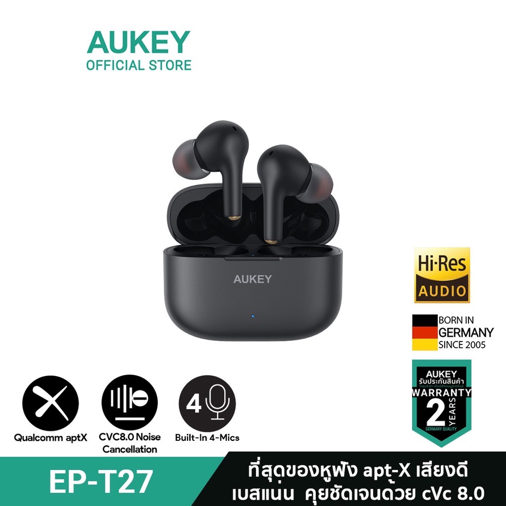 [ ทักแชทรับคูปอง ] AUKEY EP-T27 SoundStream Air 2 หูฟัง TWS, Bluetooth 5 Headphones with aptX Deep Bass,  ไมค์ 4 ตัว, กันเสียงรบกวนแบบ CVC 8.0 Noise Reduction, กันน้ำ IPX7  หูฟังไร้สาย