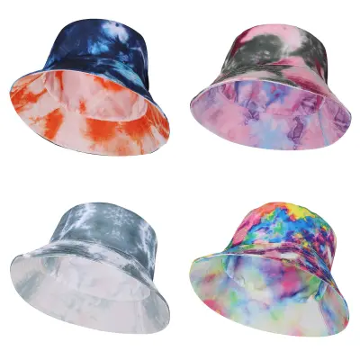 DOYOURS Spring Summer Outdoor Foldable Beach Fisherman Cap Double-Sided Bucket Hats Sun Hat Tie Dye Print