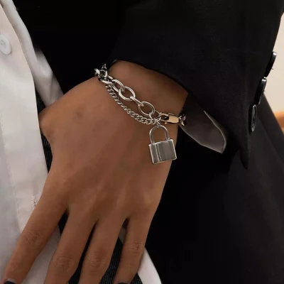 Salircon Kpop Stainless Steel Lock Pendant Bracelet on Hand Punk Chain Women Men Bracelets Charm Couple Bracelet Jewelry Gift