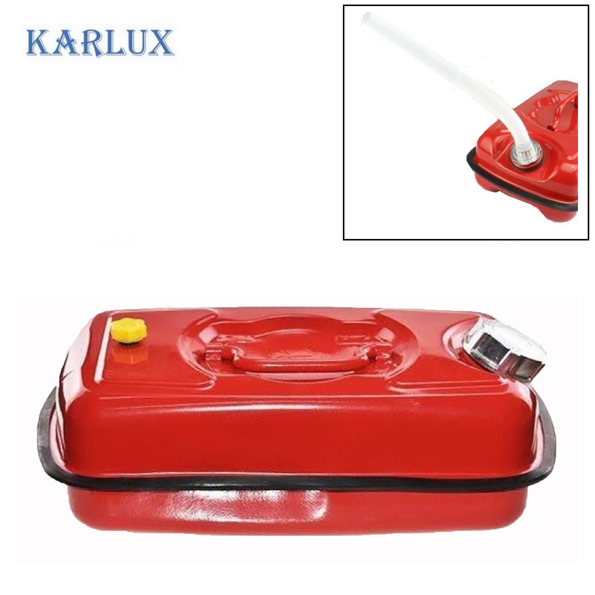 Karlux 5ลิตร ถังแกลลอนเหล็กเก็บน้ำมันสำรอง Fuel Tank ถังน้ำมันสีแดง พร้อมท่อเติมน้ำมัน