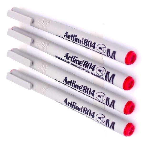Electro48 Artline ปากกาเขียนแผ่นใส อาร์ทไลน์ ลบได้ 1.0 มม. ชุด 4 ด้าม (สีแดง) สีเข้ม หมึกแห้งเร็ว