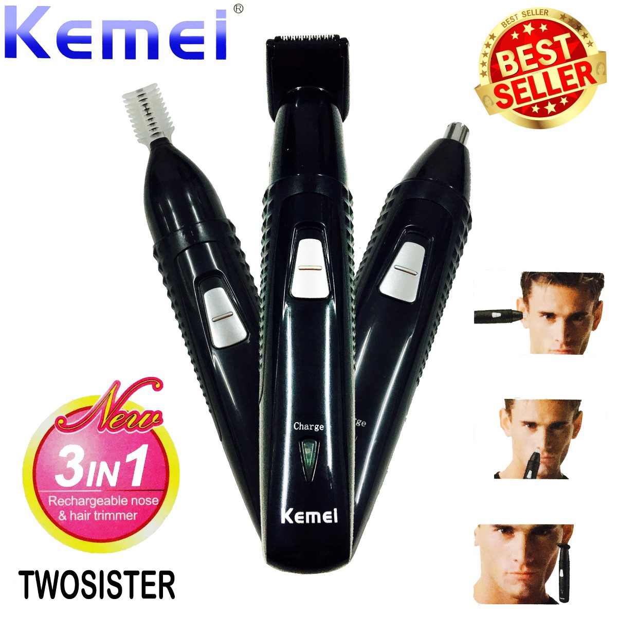 Kemei Twosister เครื่องโกนหนวด ตัดแต่งขนจมูก กันจอน โกนขนหู และโกนหนวด 3 in 1  KM 309