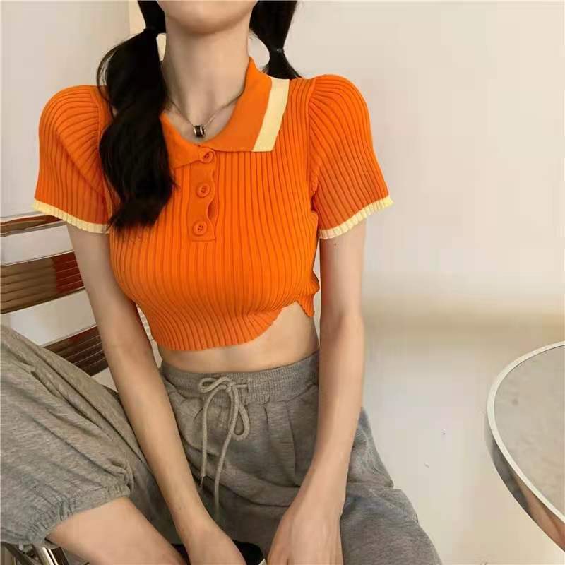Aone(พร้อมส่ง/ใหม่)5935#เสื้อครอปแขนสั้นคอปกสีพื้นงานไหมพรมสไตล์เกาหลี ...