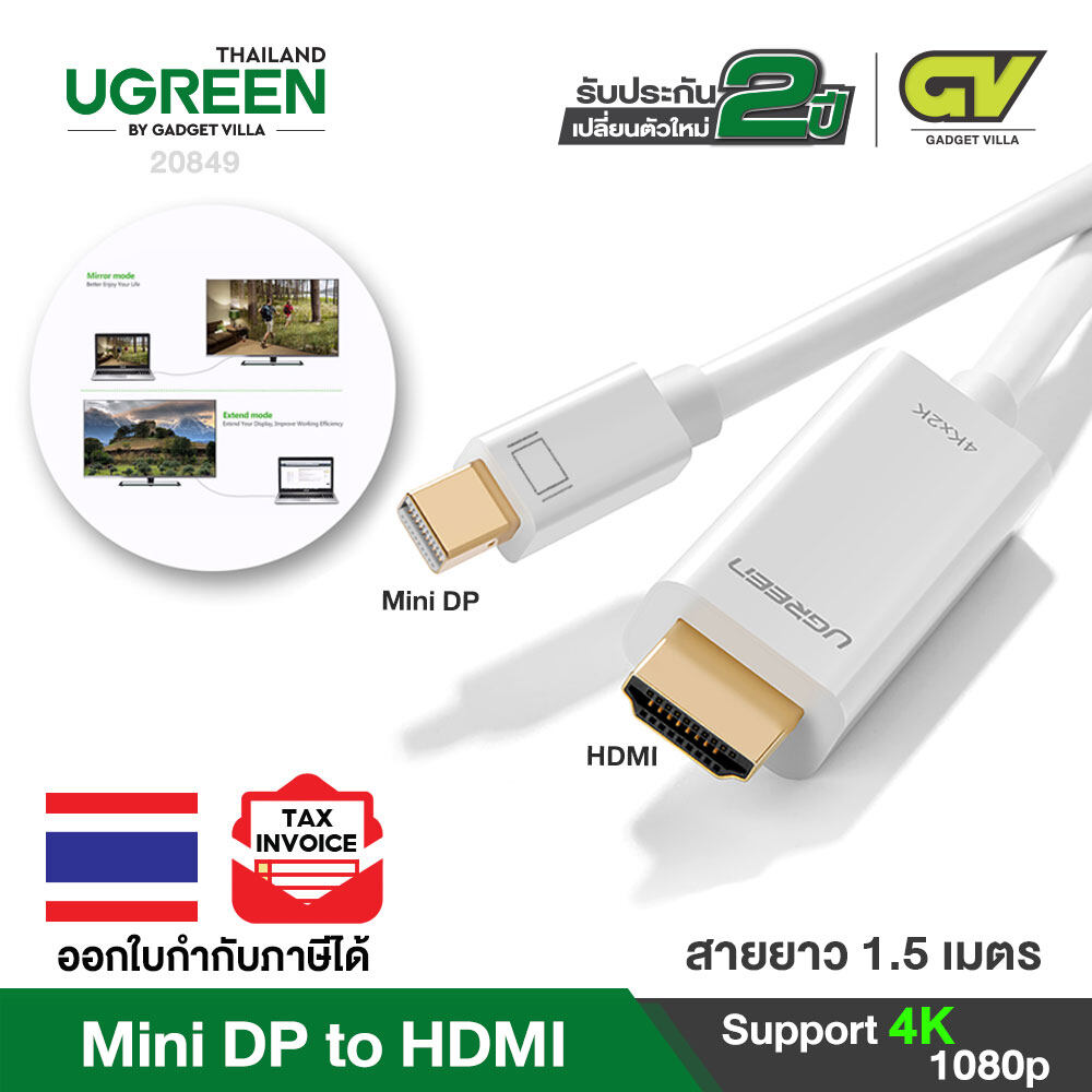 UGREEN Mini DP to HDMI Cable สายสัญญาณภาพ Mini Display Thunderbolt 2 ไปเป็น HDMI รองรับ 4K, 1080P ใช้งานได้กับ Apple Macbook, Macbook Pro, iMac, Macbook Air, and Mac/ Mini surface / notebook 1.5M (MD101) สี ขาว สี ขาว