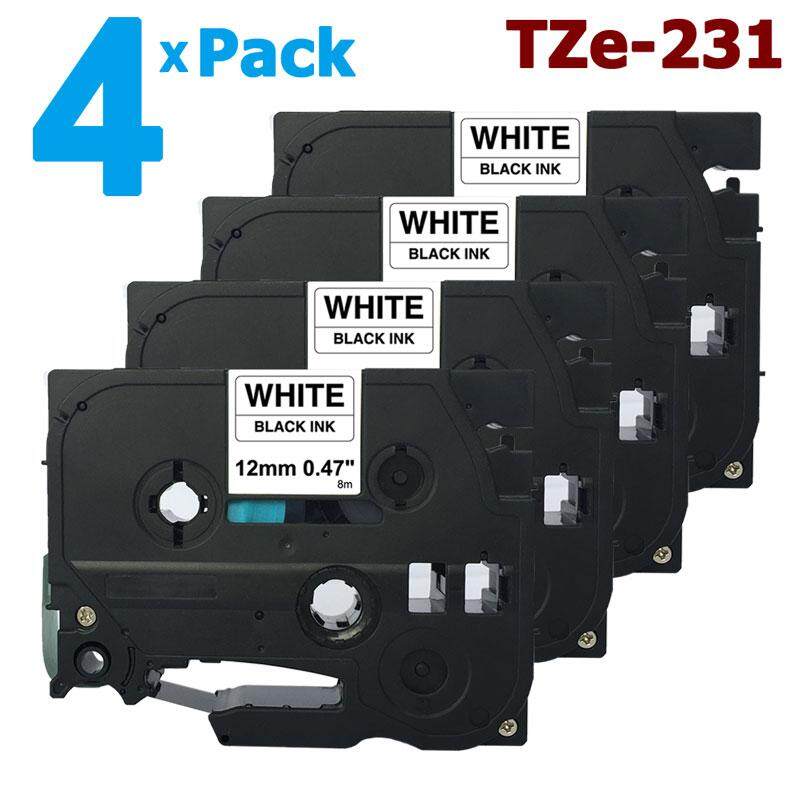 4 Pack 12mm Tze231 Black on White Label Tape for Brother PTouch 8M Length TZe-231 Tze 231 Compatible with P-Touch P Touch Labeler Label Maker Printer/ Labeling Tool System, Laminated Sticker Ribbon Lettering Print Cassette