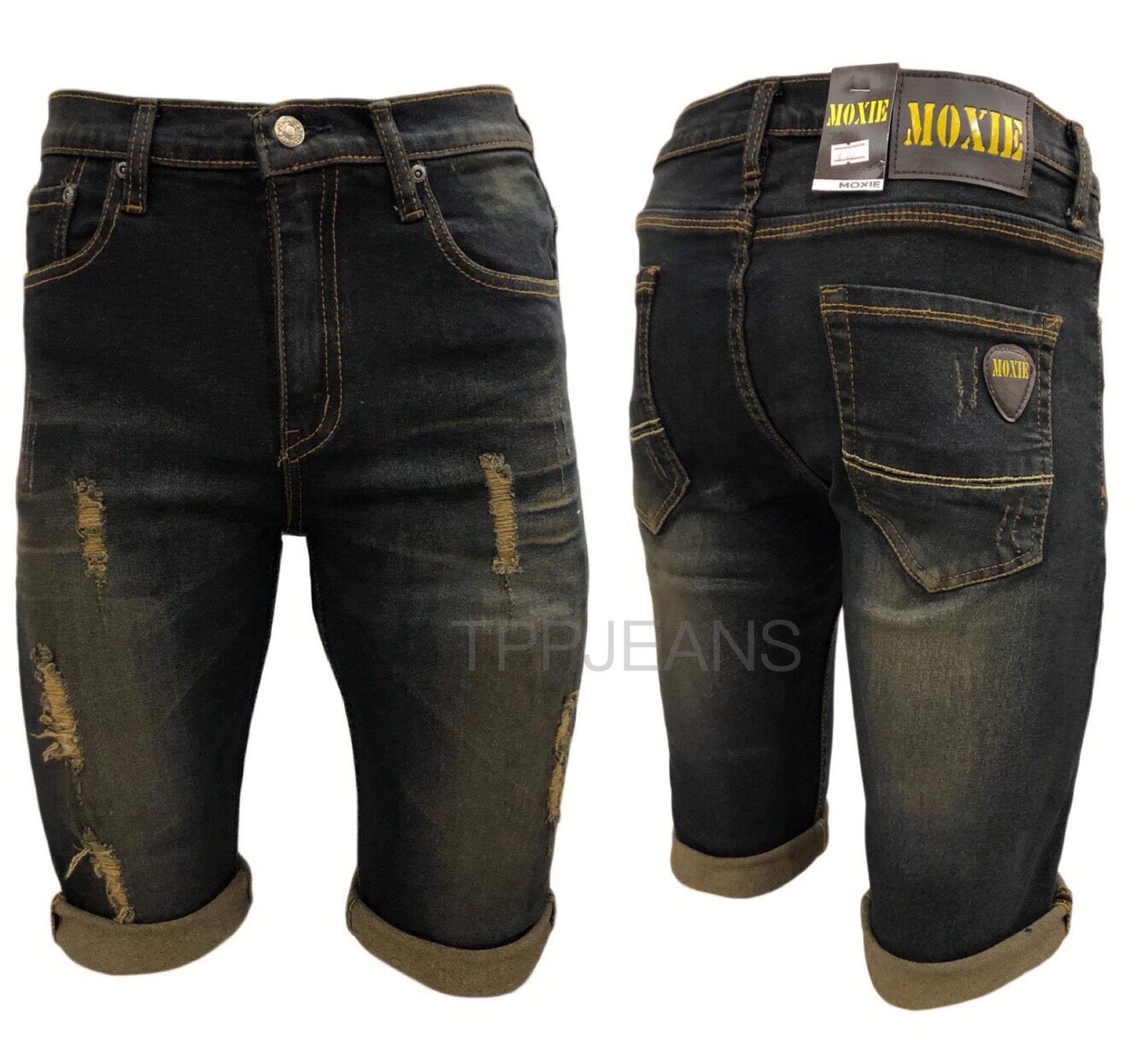 TPPJEANS MOXIE Men's Shorts Denim กางเกงยีนส์ขาสั้นผ้ายืด สีฟอกสนิมแต่งขาด งานตัดเย็บอย่างดีเป้าซิป Size 26-42 รับชำระปลายทาง