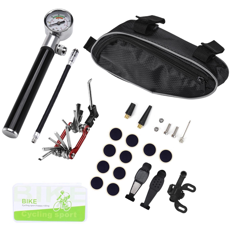 Bike Tire Repair Tool Kit with Mini Gauge Hand Pump Including Patch Tool Tire Puncture Repair Kit An Cycling Seat Pack