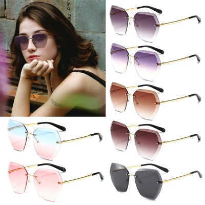QINJUE Frameless Diamond Cutting Lens Eyewear Sun Glasses Sunglasses for Women Oversized Rimless Sunglasses Vintage Sunglasses