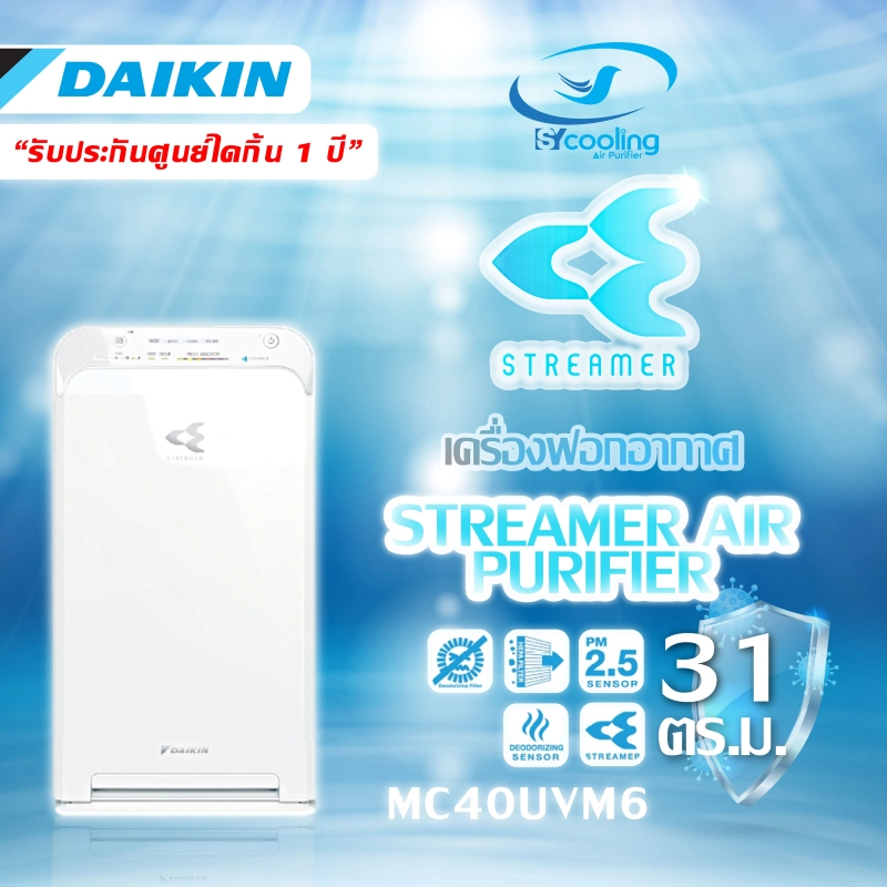 ภาพหน้าปกสินค้าส่งฟรี  DAIKIN เครื่องฟอกอากาศสำหรับห้องขนาด 31 ตารางเมตร สีขาว รุ่น MC40UVM6 -7 (รุ่นใหม่ล่าสุด)