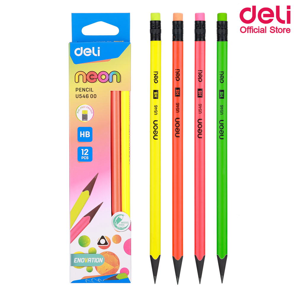 Deli ดินสอไม้ HB ทรง 3 เหลี่ยมสีนีออน แพ็ค 12 แท่ง Graphite Pencil U54600 ดินสอ ดินสอไม้ ดินสอดำ ดินสอHB  เครื่องเขียน ดินสอนักเรียน อุปกรณ์การเขียน อุปกรณ์การเรียน อุปกรณ์โรงเรียยน ดินสอหัวยางลบ ดินสอแฟนซี ดินสอสีสดใสน ชุดเครื่องเขียน