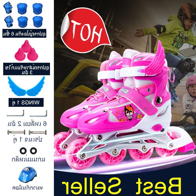 รองเท้าสเก็ตสำหรับเด็กของเด็กหญิงและชาย โรลเลอร์สเกต อินไลน์สเก็ต size S M L ล้อมีไฟ สีฟ้า สีชมพู ฟรีของแถมหลายอย่าง