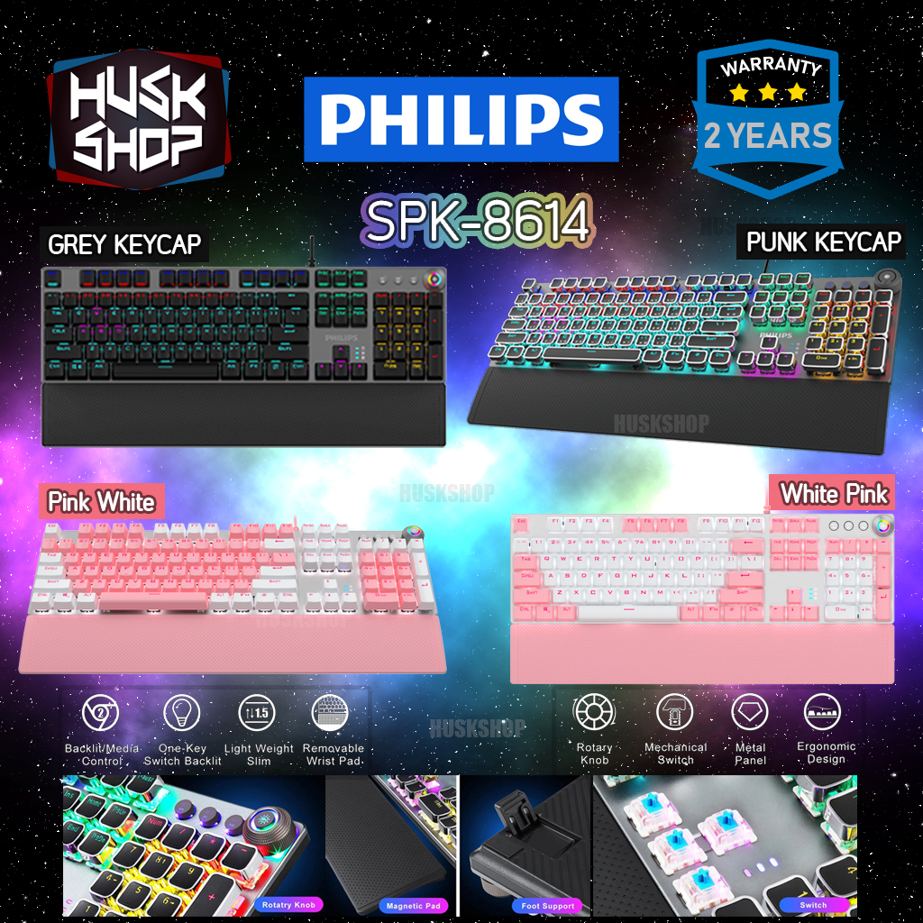 คีบอร์ดเกมมิ่ง RGB Philips SPK-8614 Mechanical Gaming Keyboard Blue Switch Grey/Punk Key ประกันศูนย์ไทย