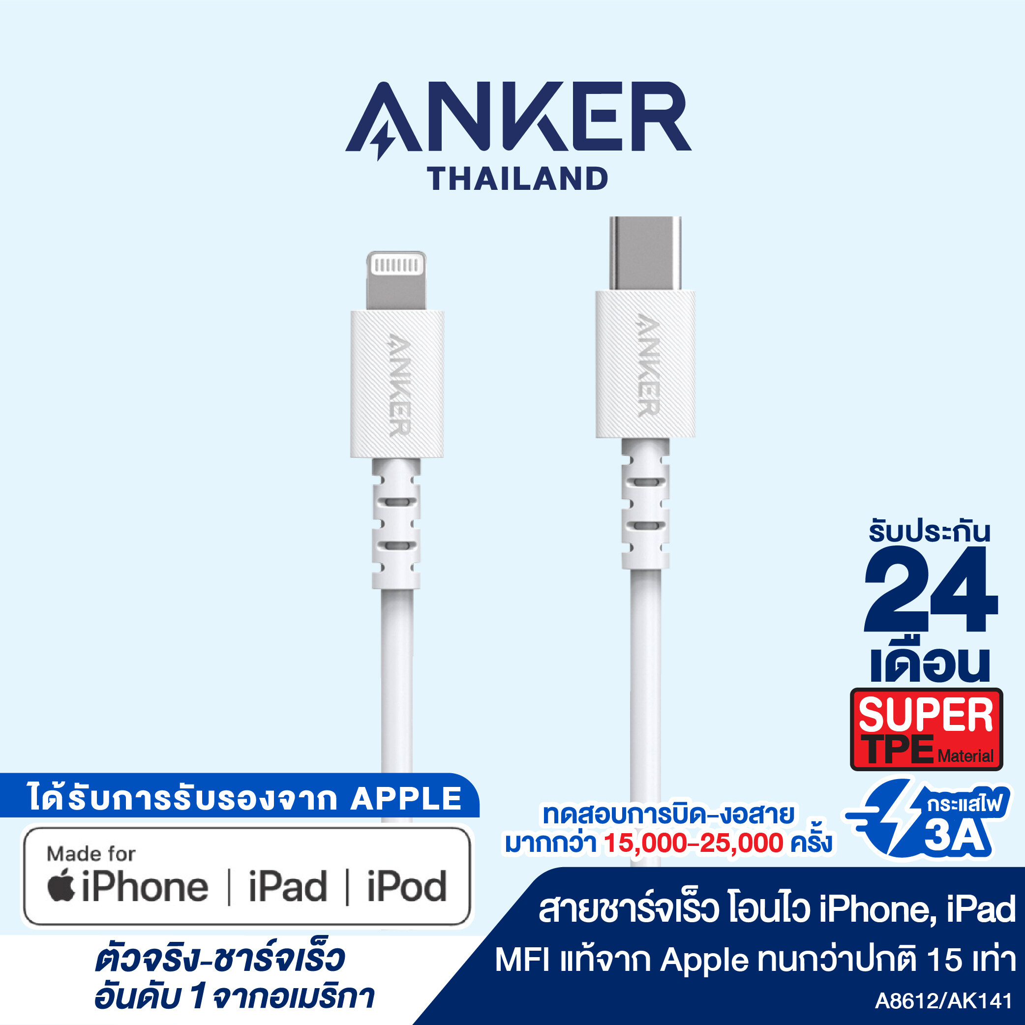 Anker PowerLine Select 90cm USB-C To Lightning สายชาร์จเร็วสำหรับไอโฟน มาตรฐาน MFi จาก Apple ทนมาก