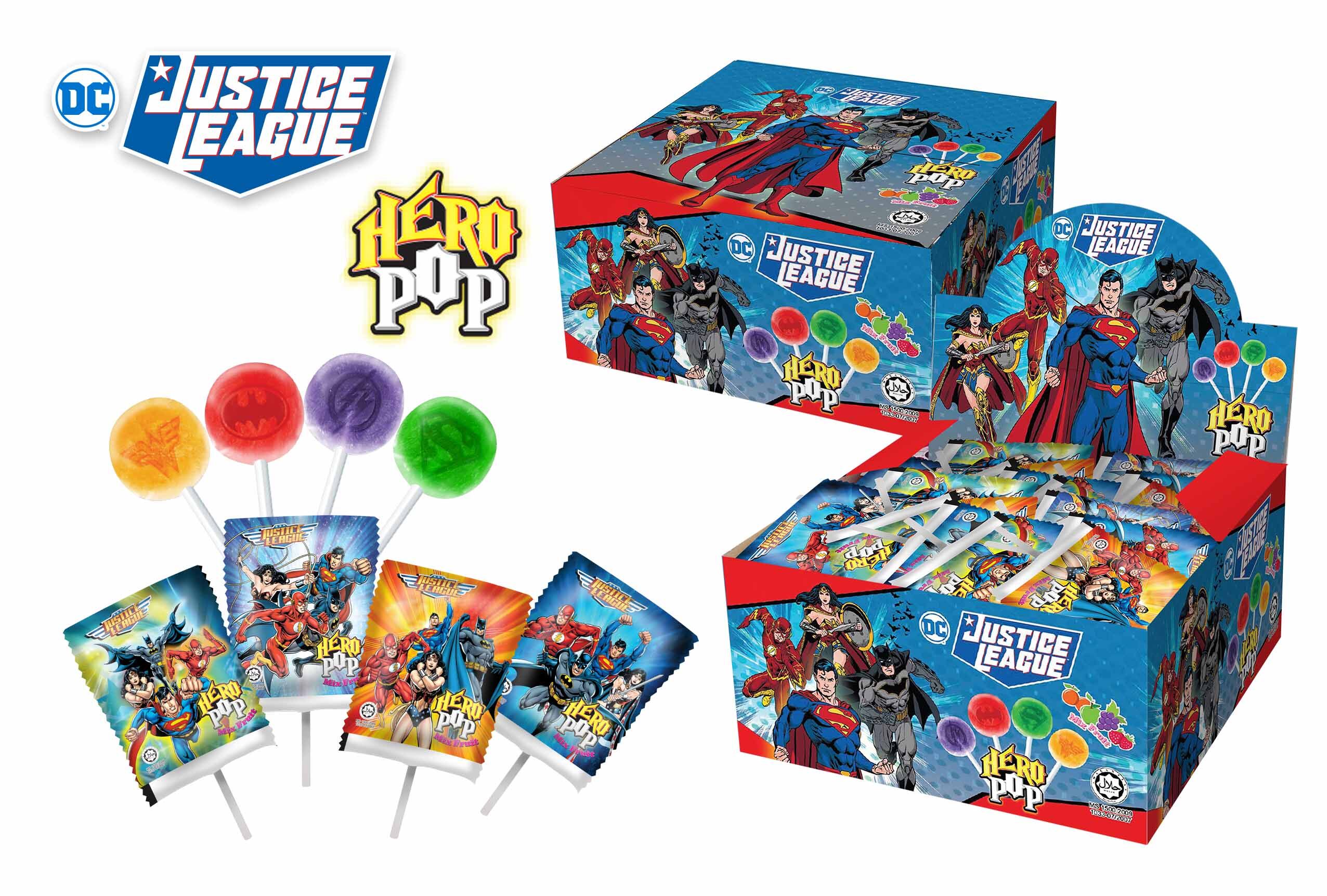จัสติกลีก อมยิ้มฮีโร่ 50 ไม้ แพ็คเกจกล่อง Justice League Hero Pop