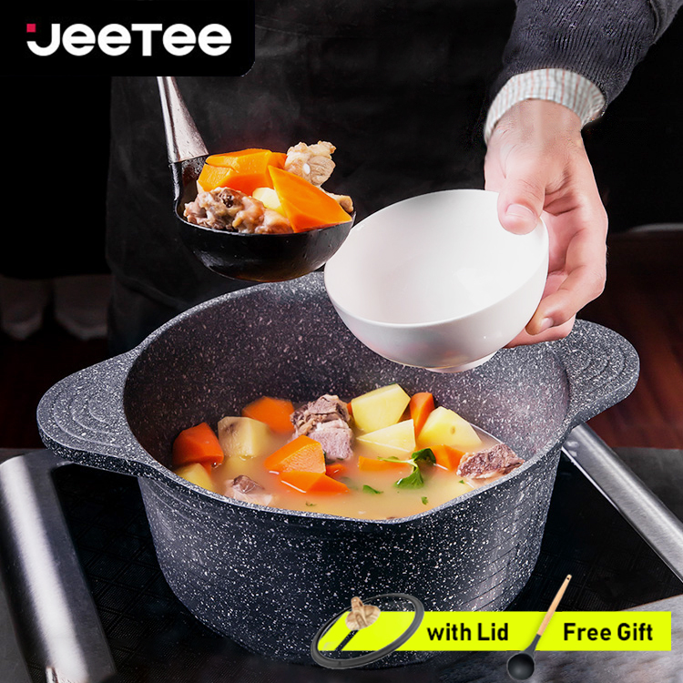 Jeetee อลูมิเนียมหล่อ 24 เซนติเมตร 28 เซนติเมตร Non Stick หินอ่อนหินหม้อ/หม้อซุปที่มีฝาปิด,เหมาะสำหรับการเหนี่ยวนำและหม้อหุงก๊าซ