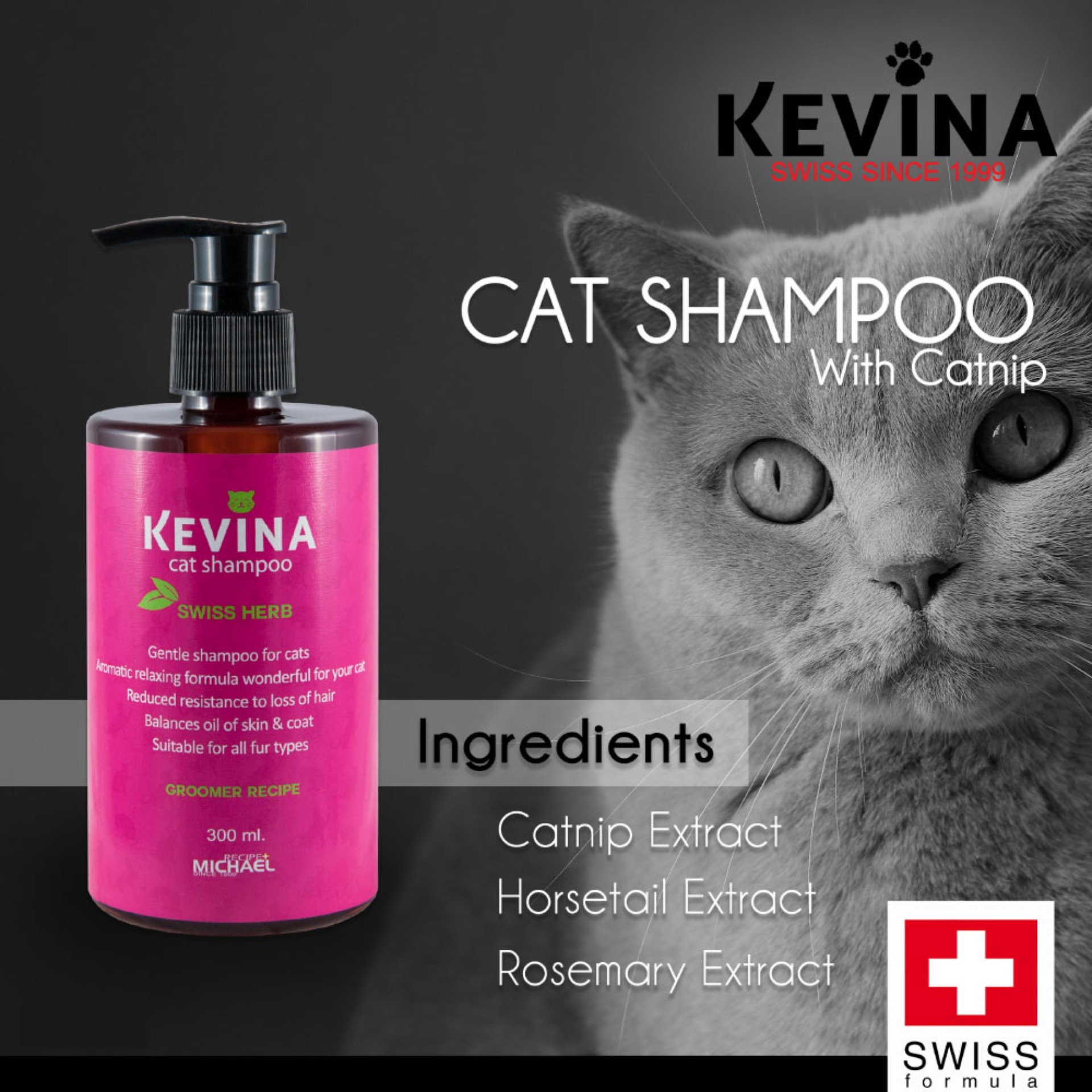 Kevina Cat Shampoo แชมพูแมว กลิ่น Swiss Herb ลดขนร่วง ปรับสมดุลผิวหนัง สำหรับแมวทุกสายพันธุ์ (300 มล./ขวด)