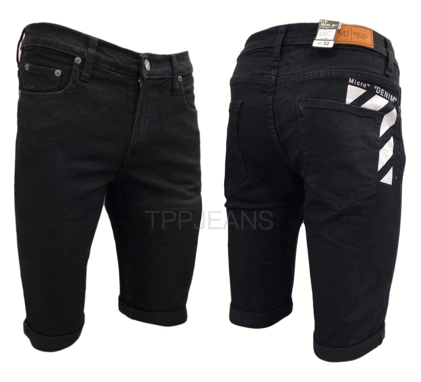 TPPJEANS Micro BlackxBlack Shorts mens กางเกงยีนส์ขาสั้นดำทรงสลิม ผ้ายืด เป้าซิป ใส่สบาย งานสกรีนเนียน Size 28-36