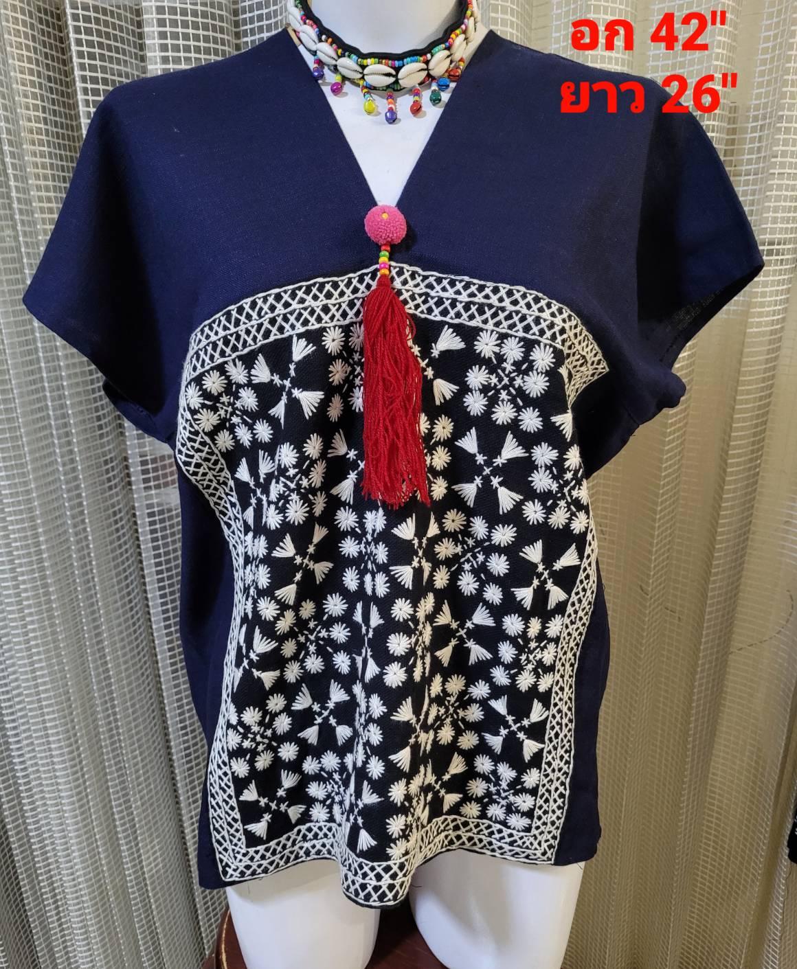 เสื้อคอกระเหรี่ยงงานใยกันชงสีกรม แต่งงานปักด้นมือสวยๆค่ะ - สุนิสา ผ้า ...