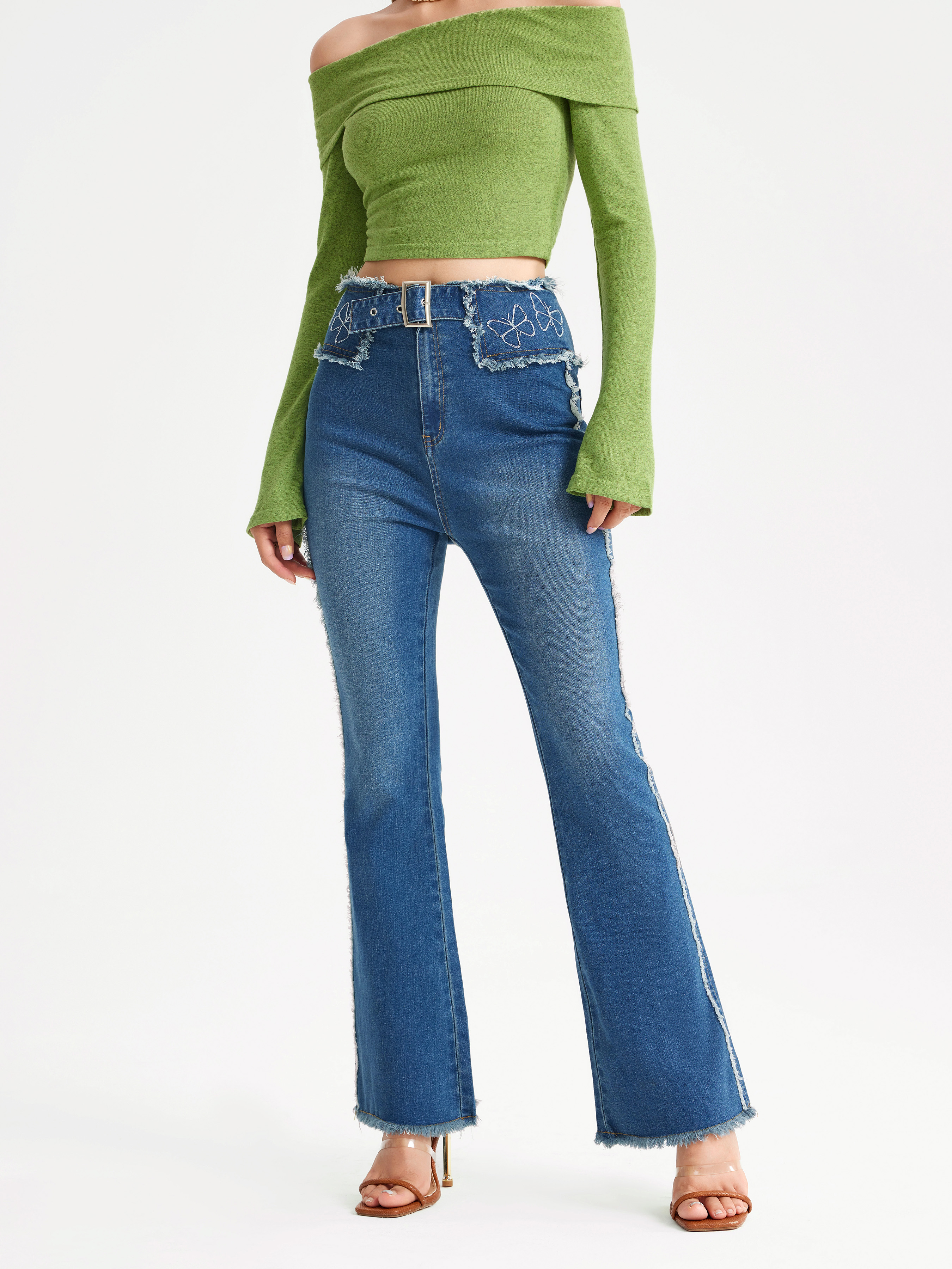 Cider Denim Butterfly Ripped Flare Leg Jeans กางเกงยีนส์ขายาวผู้หญิง ขา