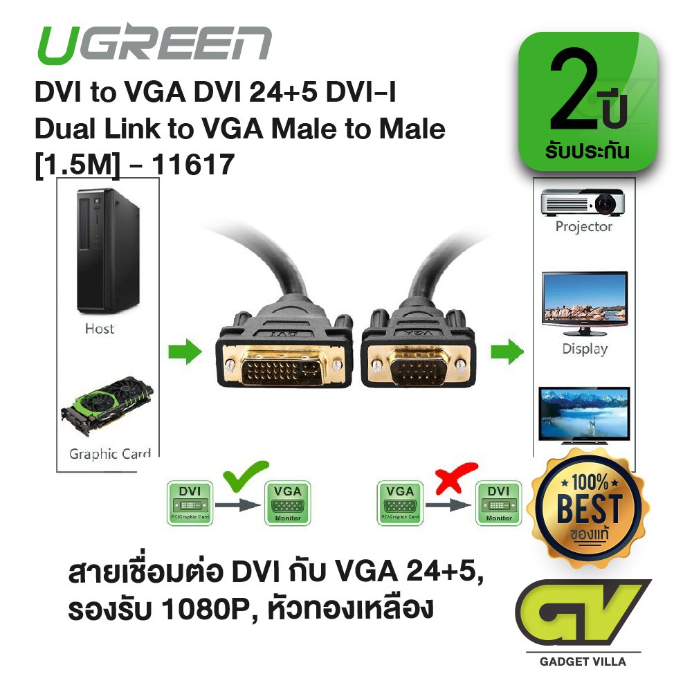 ลดราคา UGREEN รุ่น 11617 สาย หัว DVI to VGA หรือ VGA to DVI VI 24+5 Dual Link to VGA Male to Male Digital Video Cable Gold Plat #ค้นหาเพิ่มเติม สาย HDMI hdmi switch hard disk usb Mini display