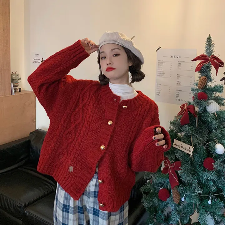 thick red cardigan