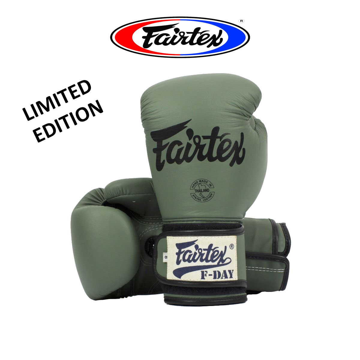 นวมชกมวย Fairtex Boxing Gloves BGV11 F Day Military Green Limited Edition มาพร้อมกับ สร้อย Fairtex  กล่อง F day สีเขียว 