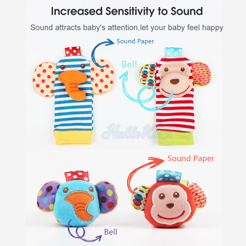 HelloKimi 4PCS Wrist Rattle Toys Baby Hand Wrist Rattles Cute Animal Hand  Bell Infant Baby Toys Wrist Music Rattle Toys Wristband 0-6 Months