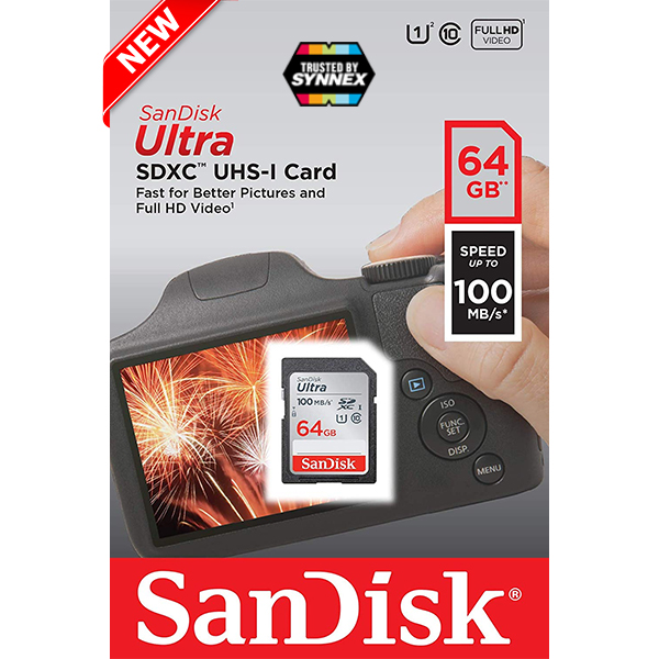 SanDisk Ultra SD Card 64GB Class10 Speed 100MB/s (SDSDUNR-064G-GN6IN) เมมโมรี่ การ์ด แซนดิส กล้อง ถ่ายภาพ ถ่ายรูป ถ่ายวีดีโอ กล้องDSLR รับประกัน 10ปี โดย Synnex