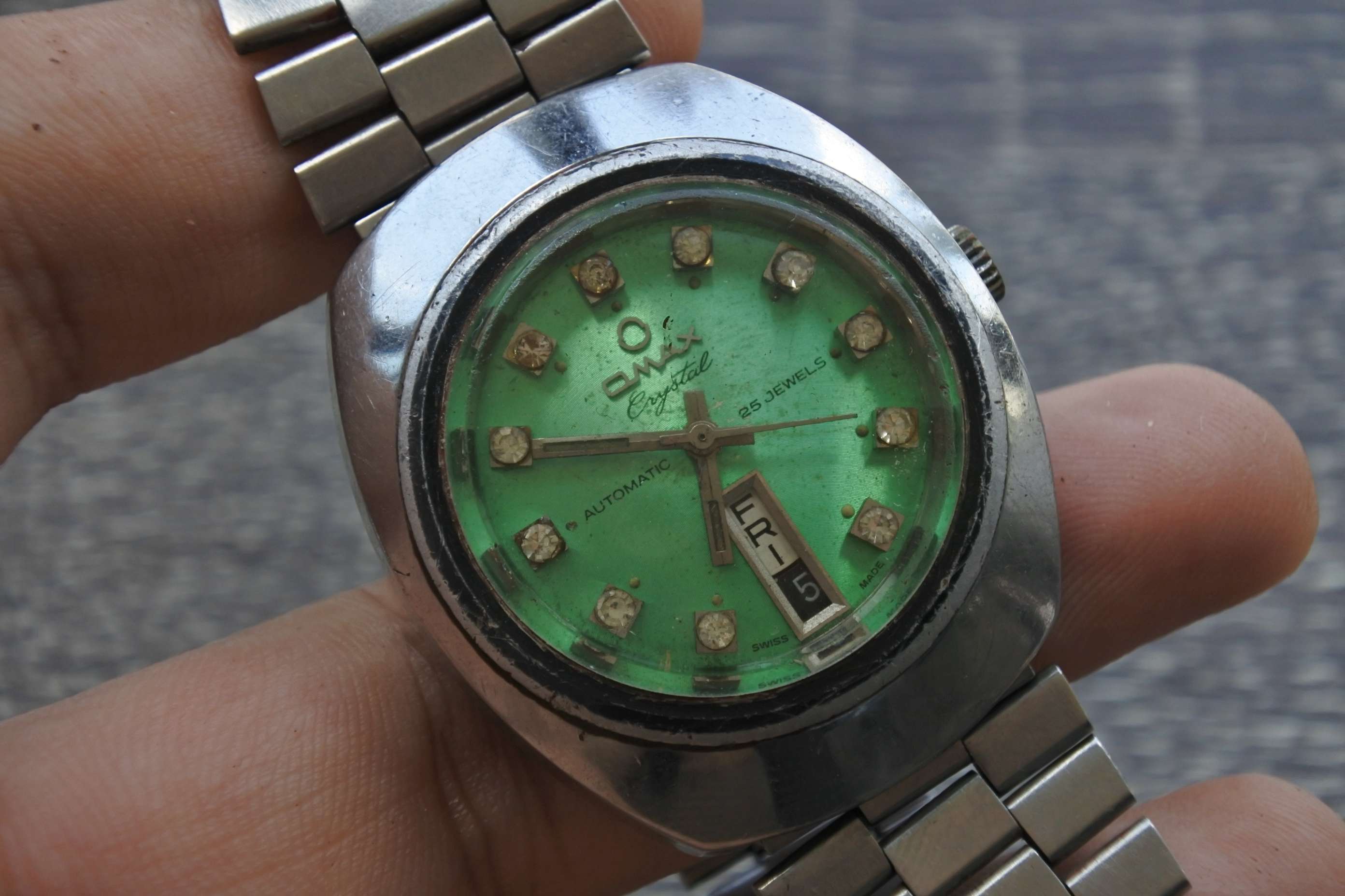 นาฬิกา Omax Crystal Green Vintage ผู้ชาย สายสแตนเลส แท้มือสองญี่ปุ่น ระบบ Automatic หน้าปัด 37mm