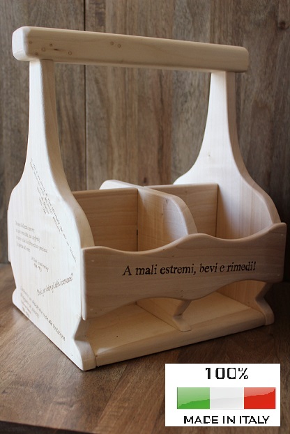 Bottle holder, in wood, with writing