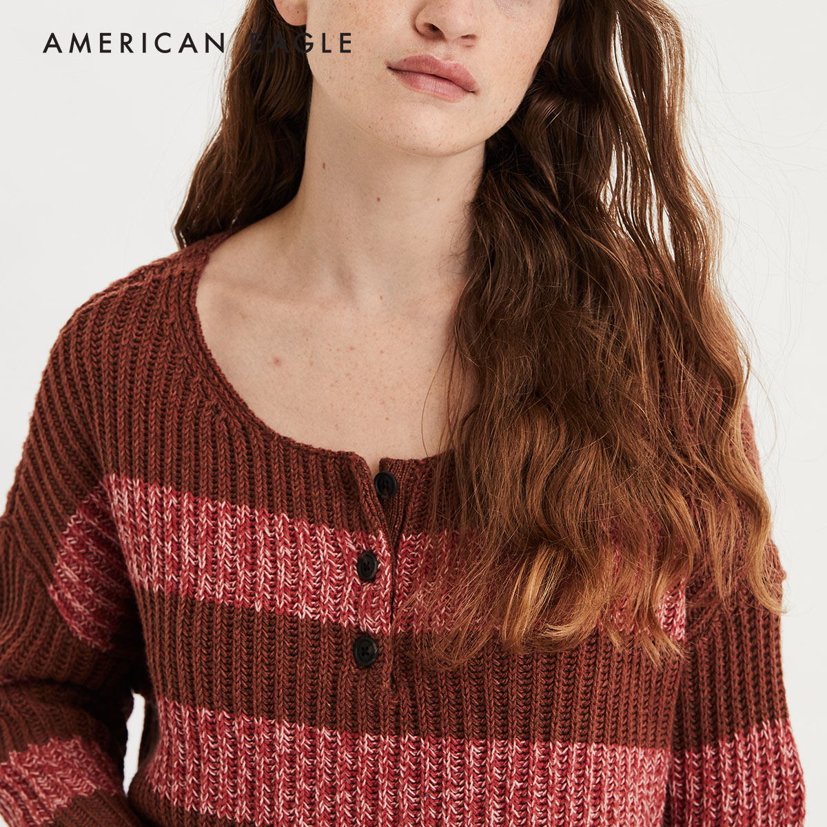 American Eagle Henley Boxy Cropped  Sweater เสื้อ สเวตเตอร์ ผู้หญิง บ็อกซี่ ครอป(034-8572-211)