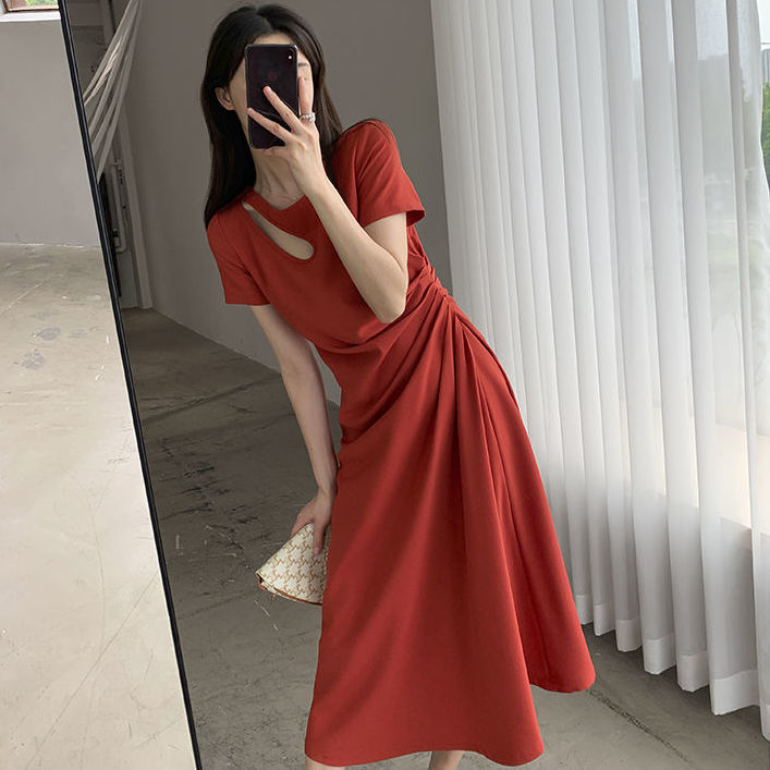 IELGY Đầm Màu Trơn Eo Cá Tính Phong Cách Pháp Cho Nữ