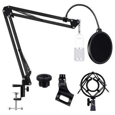Heavy Duty Microphone Boom Arm Stand, Adjustable Suspension Boom Scissor Mic Stand with Filter