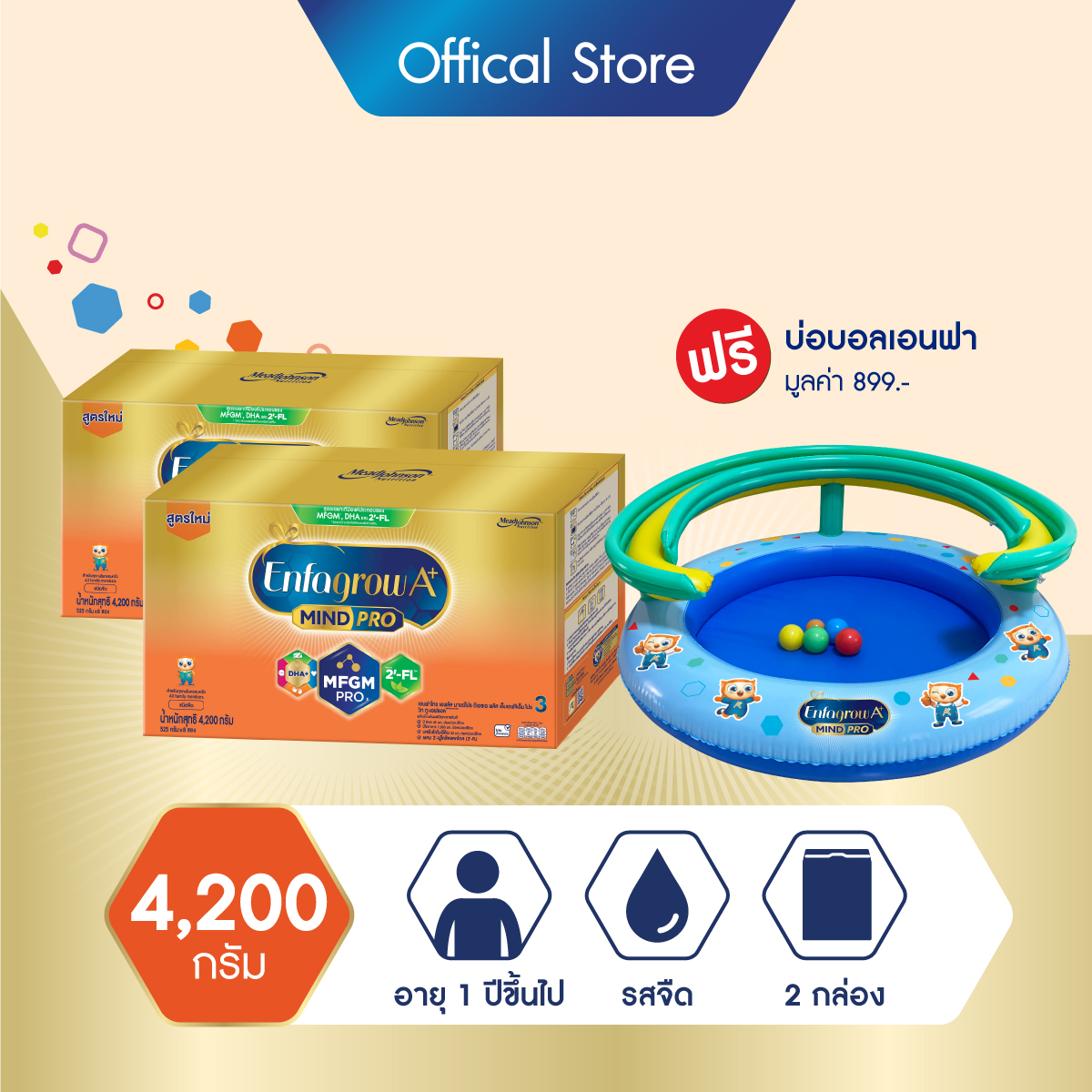 เอนฟาโกร เอพลัส มายด์โปร ดีเอชเอ พลัส เอ็มเอฟจีเอ็ม โปร 3 วิท ทู-เอฟแอล สำหรับเด็กอายุ 1 ปีขึ้นไป 4200 กรัม จำนวน 2 กล่อง ฟรี!! บ่อบอล เอนฟา Enfagrow A+ MindPro DHA + MFGM PRO 3 with 2'-FL plain Milk powder for baby 4200 g. 2 units Free!! Enfa ball pool