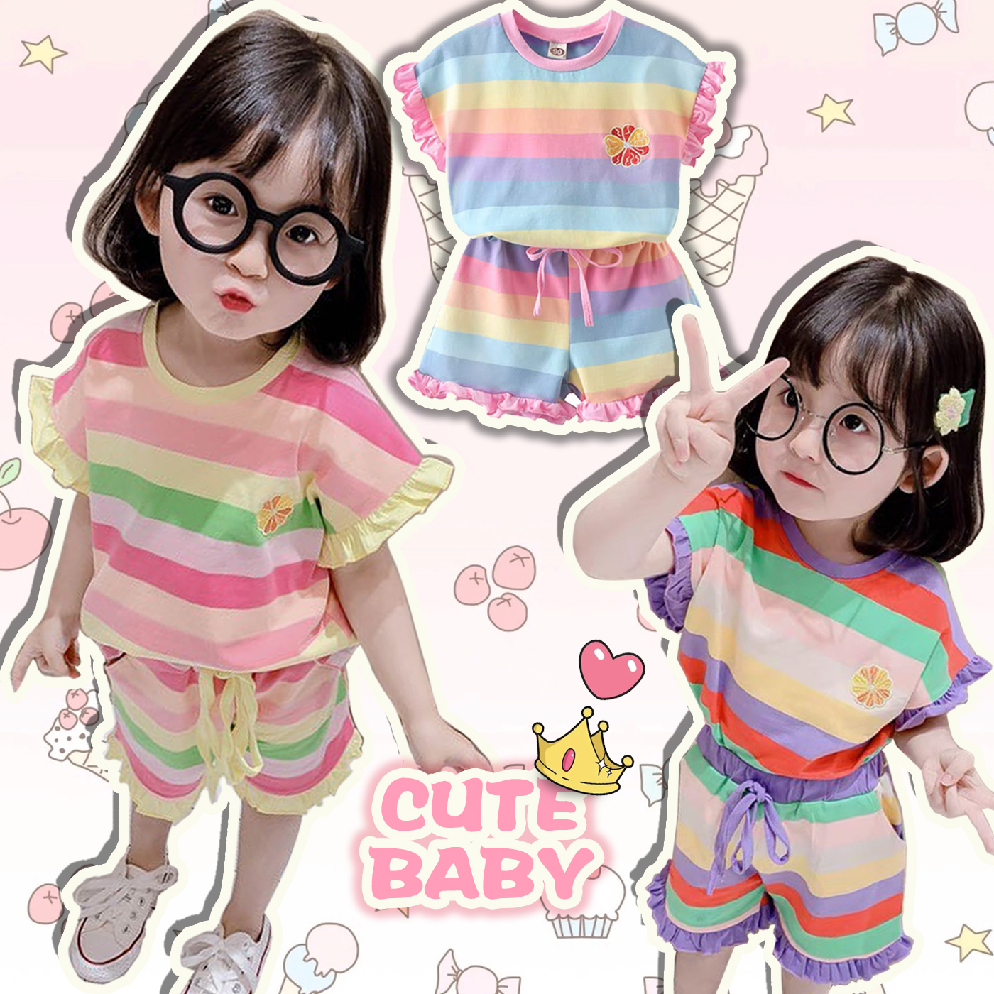 CUTE BABY(พร้อมส่ง)ชุดเซ็ทเด็กผู้หญิง ลายสีรุ้ง🌈สุดน่ารัก เนื้อผ้านุ่มใส่สบาย ค่ะ (1-8ปี)029