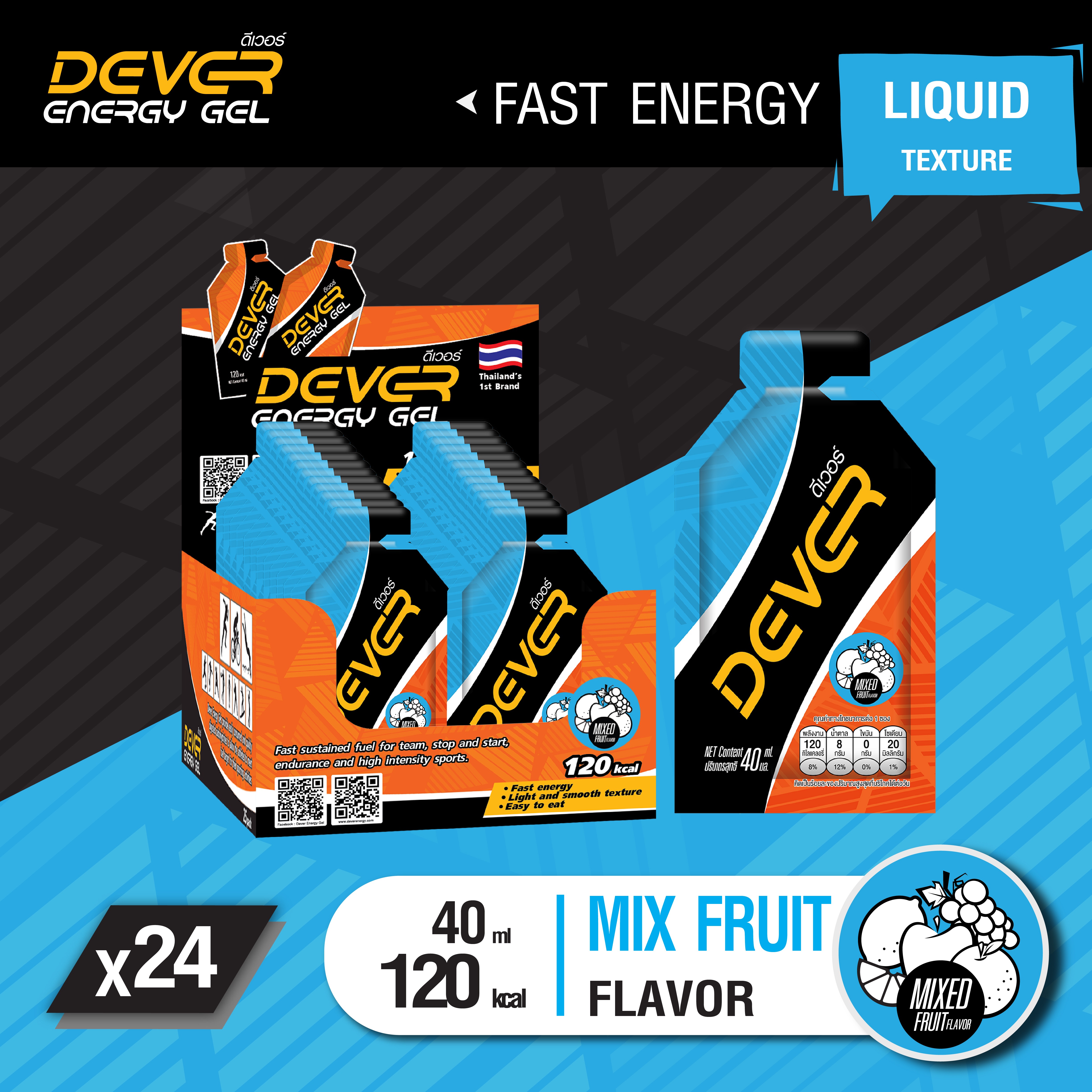 DEVER energy gel (vital source of energy) ดีเวอร์ เจลให้พลังงาน เจลพลังงาน เจลเพิ่มพลังงาน เกลือแร่ สำหรับนักกีฬา นักวิ่ง ออกกำลังกาย > 40 ML ผลไม้รวม 24 ซอง