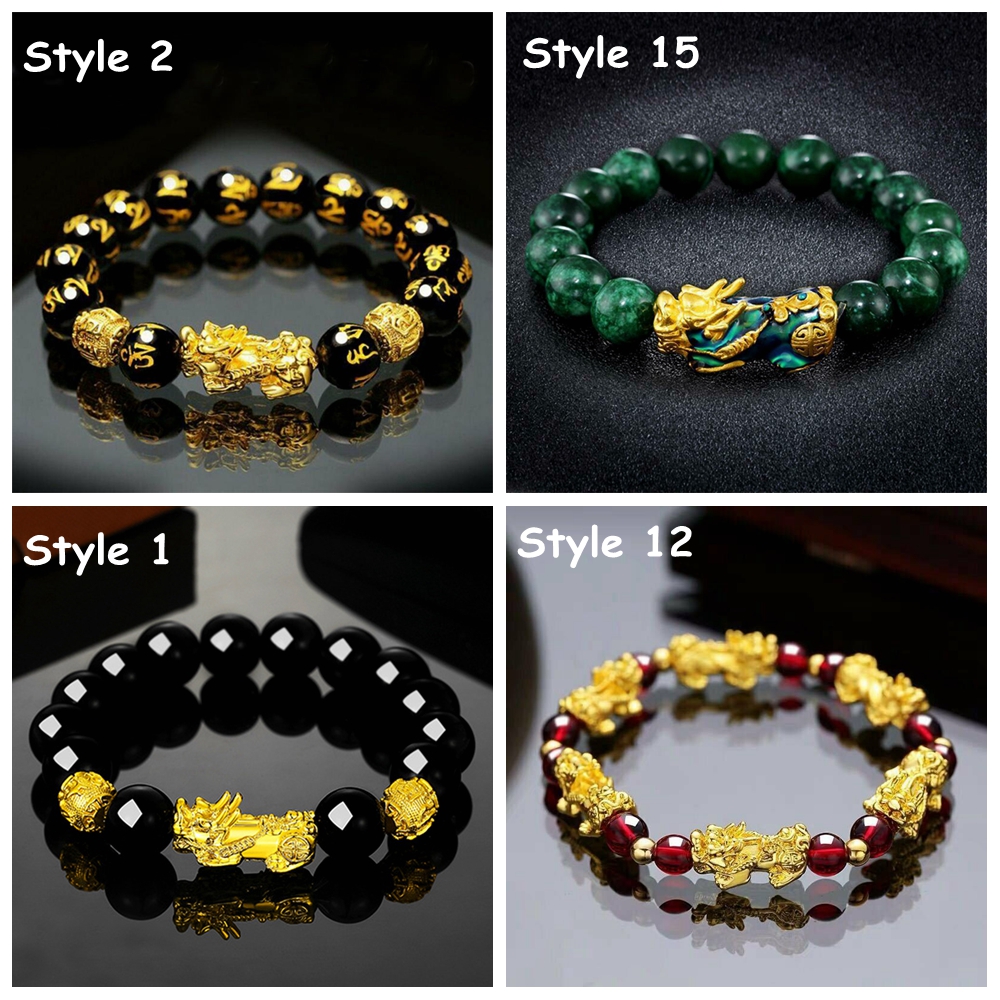 TONG Stretchable Elastic Lucky Jewelry Handmade Blessing Black Bead Wristbands Golden Pixiu Bracelet Obsidian Bangle Black Obsidian Bracelet