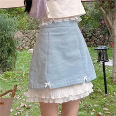 Váy Mini Kawaii Váy Xếp Ly Cạp Cao Phối Ren Xếp Nếp Màu Xanh Dương Ngọt Ngào Nhật Bản Cho Nữ Lolita Mềm Mại Cho Bé Gái