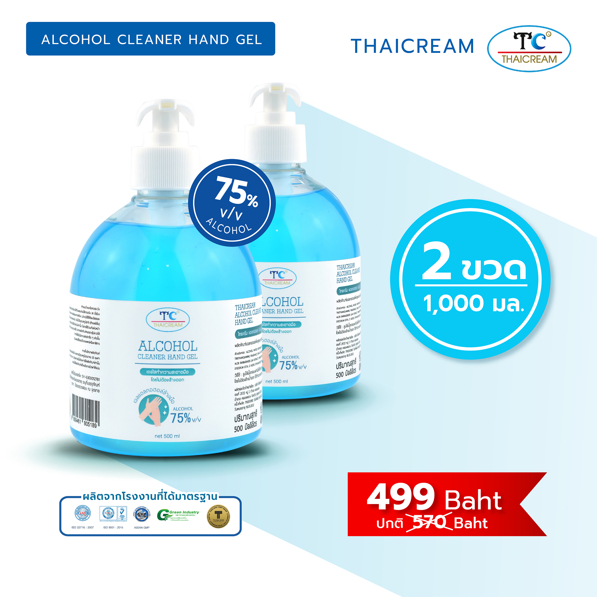 (2ขวด) THAICREAM ไทยครีม - เจลแอลกอฮอล์ล้างมือ แอลกอฮอล์ 75% Hand Sanitizer Gel 500 ml