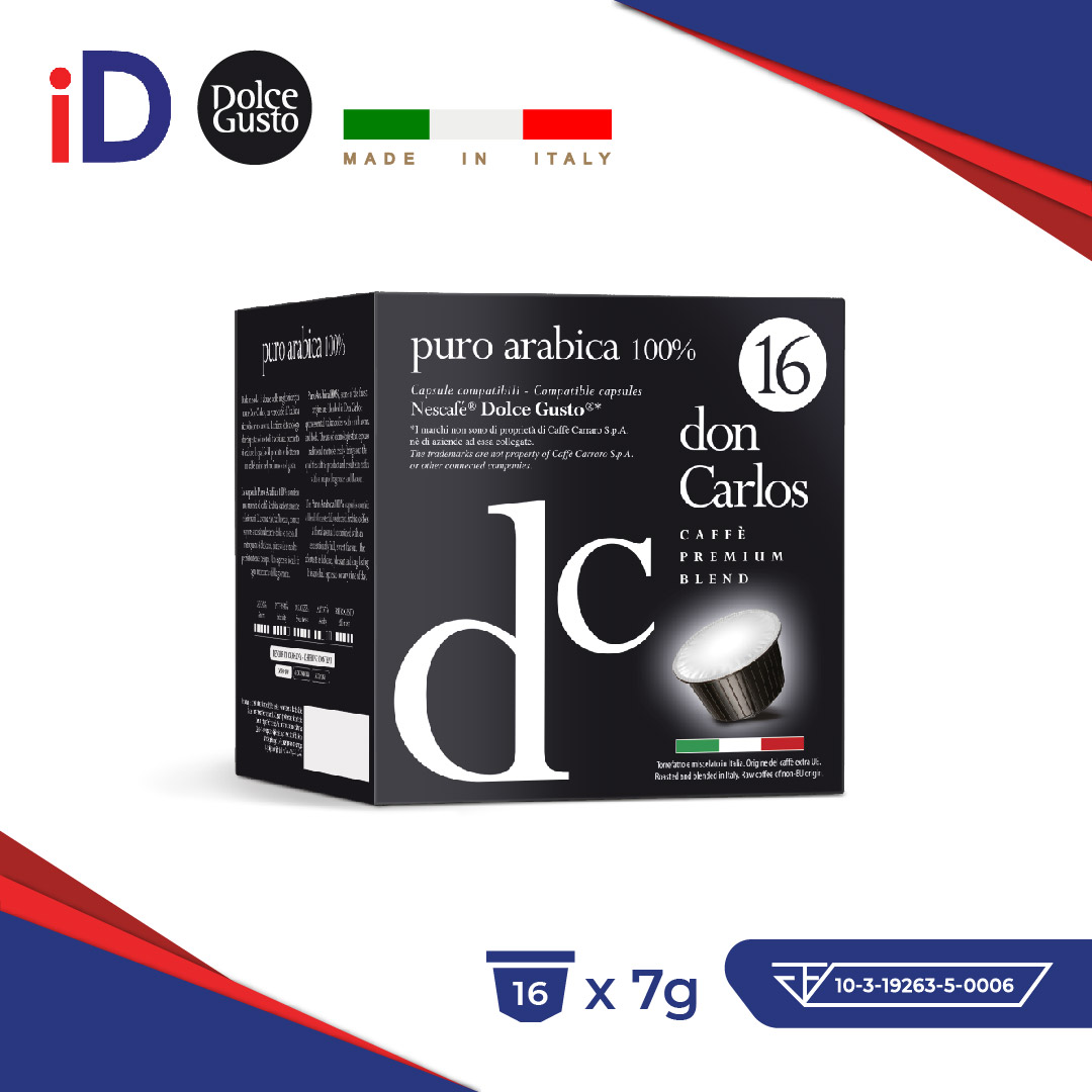 16x กาแฟอาราบิกาแท้พรีเมียมอิตาลี DOLCE GUSTO แคปซูล (แคปซูลดอลเช่กุสโต้) Don Carlos DOLCE GUSTO Capsule Puro Arabica 100% Italian Coffee