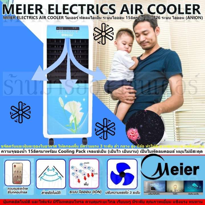 MEIER ELECTRICS AIR COOLER ไมเออร์ พัดลมไอเย็น ระบบไอออน 15ลิตร รุ่น ME-726 ระบบ ไอออน (ANION) ขจัดควันและฝุ่นละอองในอากาศ ให้ตกลงพื้น มีความแรง 3 ระดับ ต่ำ กลาง สูง มีล้อ ทำให้สะดวกสบายเวลาเคลื่อนย้าย V19 1N-07