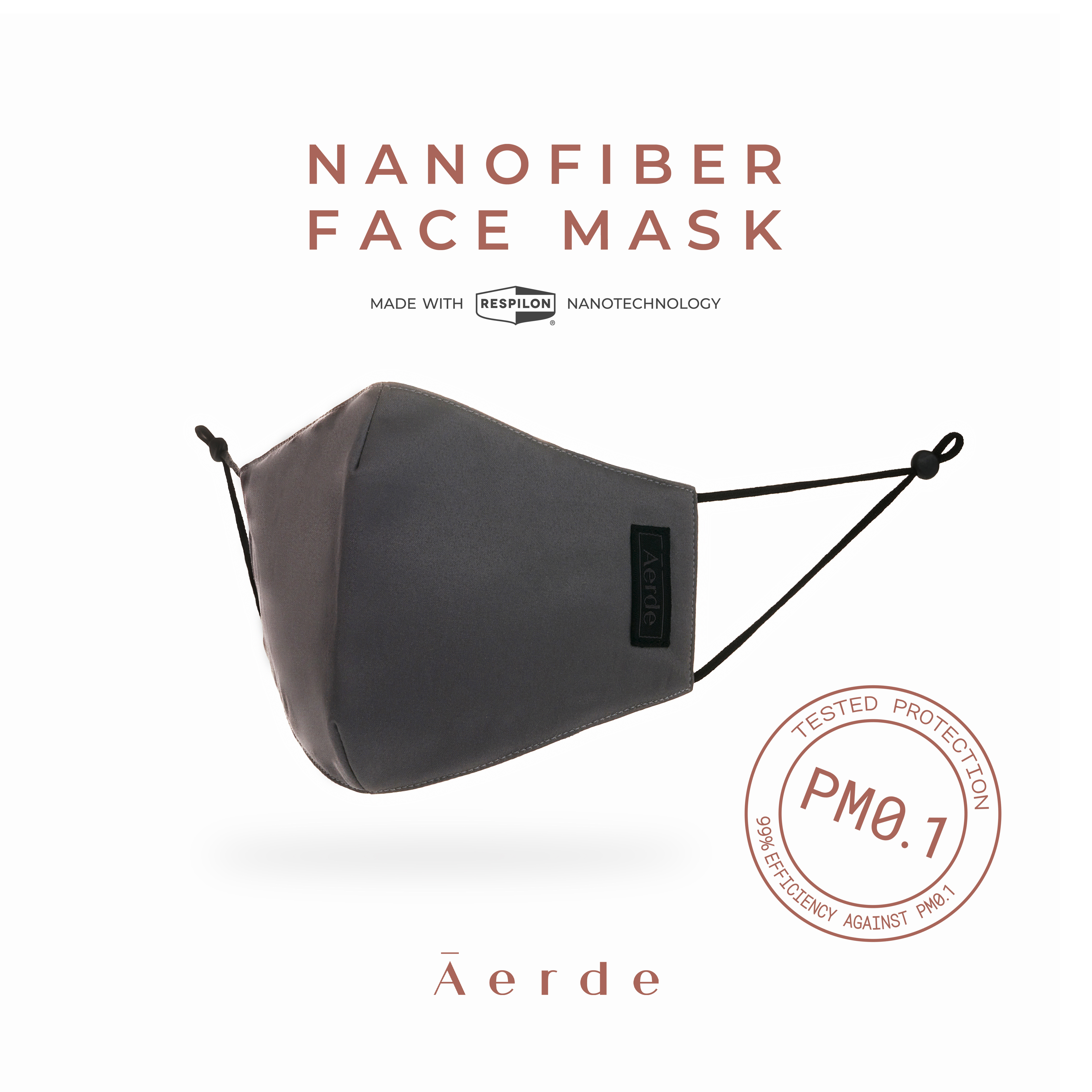Nanofiber Face Mask — CMMN Grey by Āerde (แอร์เด้) • หน้ากากนาโนไฟเบอร์ • กรองฝุ่นละออง 99.9% PM0.1 • ยับยั้งไวรัสและแบคทีเรีย • สะท้อนน้ำ (ผ่านการทดสอบจาก Nelson Labs, USA)