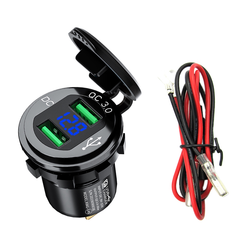 Kewig Car USB Charger QC 3.0A Dual USB Socket with Voltage LED Digital Display for Marine, Motorcycle, Truck, Golf More