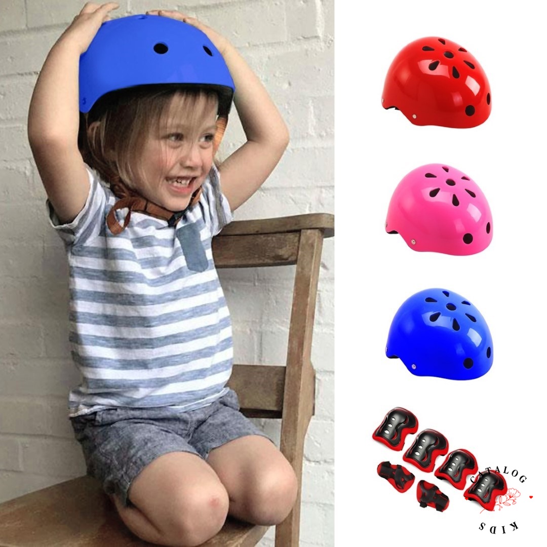 ꕥCatalog Kidsꕥ หมวกกันน็อคสำหรับเด็ก สีพื้น 3 สี พร้อมอุปกรณ์ป้องกัน รวม 7 ชิ้น