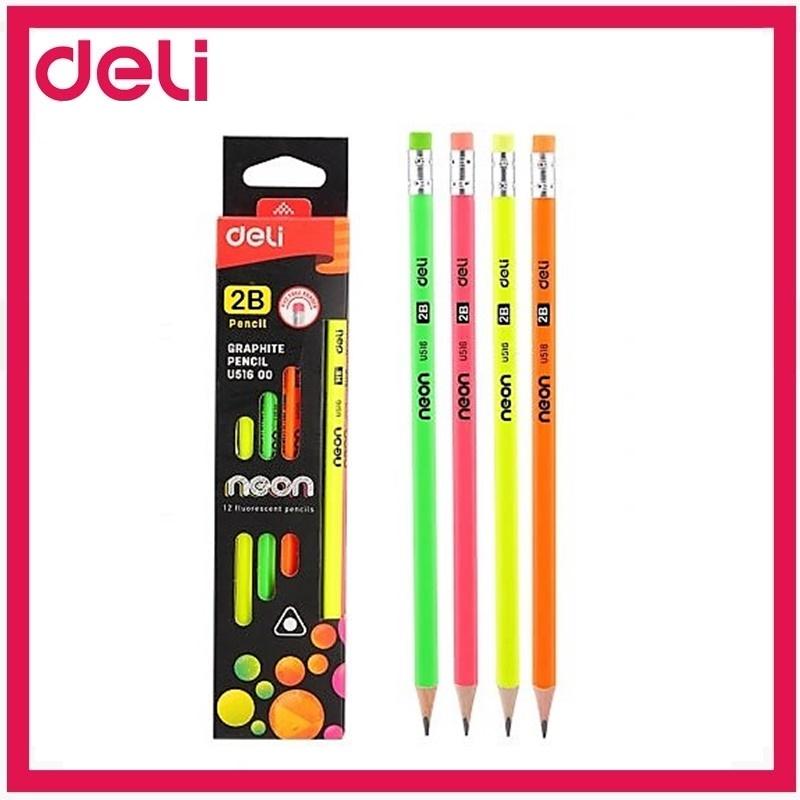 Deli ดินสอไม้ 2B ทรงสามเหลี่ยม คละสีนีออน (12 แท่งในกล่อง)