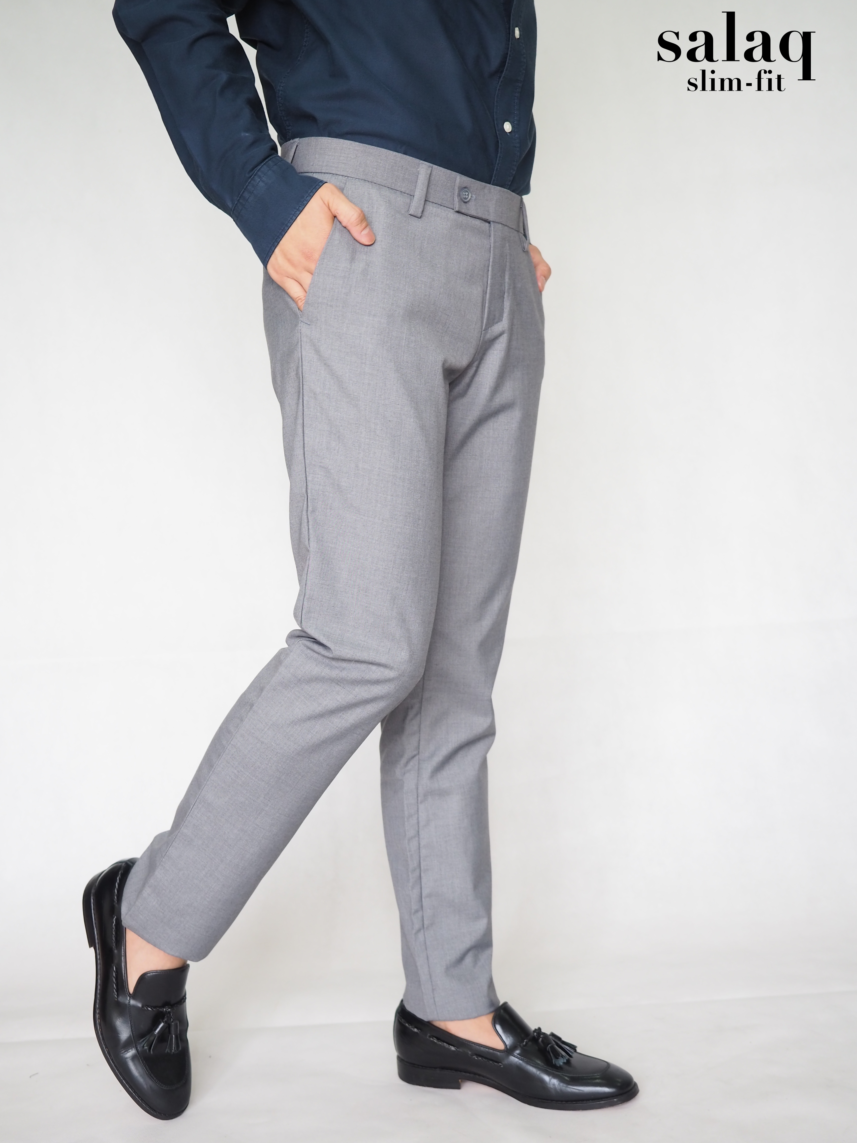 salaq [แจกโค้ดส่วนลด] กางเกงสแล็คทำงาน ผ้าตัดสูททรงกระบอกเล็ก สีเทาอ่อน กางเกงขายาว กางเกงสุภาพผู้ชาย  กางเกงทางการ สีเทาอ่อน