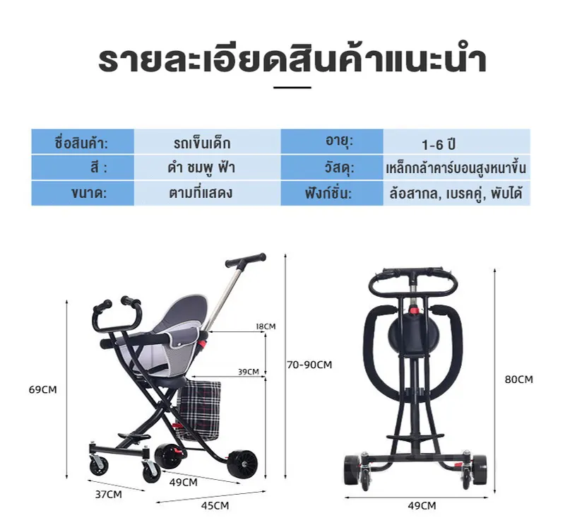 ภาพสินค้ารถเข็นเด็ก 4 ล้อ รถเข็นเด็กพร้อมเบาะนั่งใหญ่ ล้อมีเบรคและโช๊คด้วย รถเข็นพับได้ รถเข็นพบพามีพนักพิง แถมเบาะ + ตะกร้า จากร้าน DisMall บน Lazada ภาพที่ 7