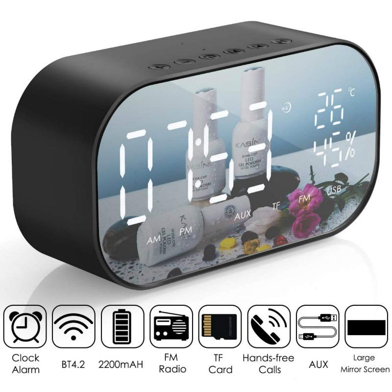 Wireless Bluetooth Speaker Aux USB FM Radio Music Player LED Mirror Alarm Clock